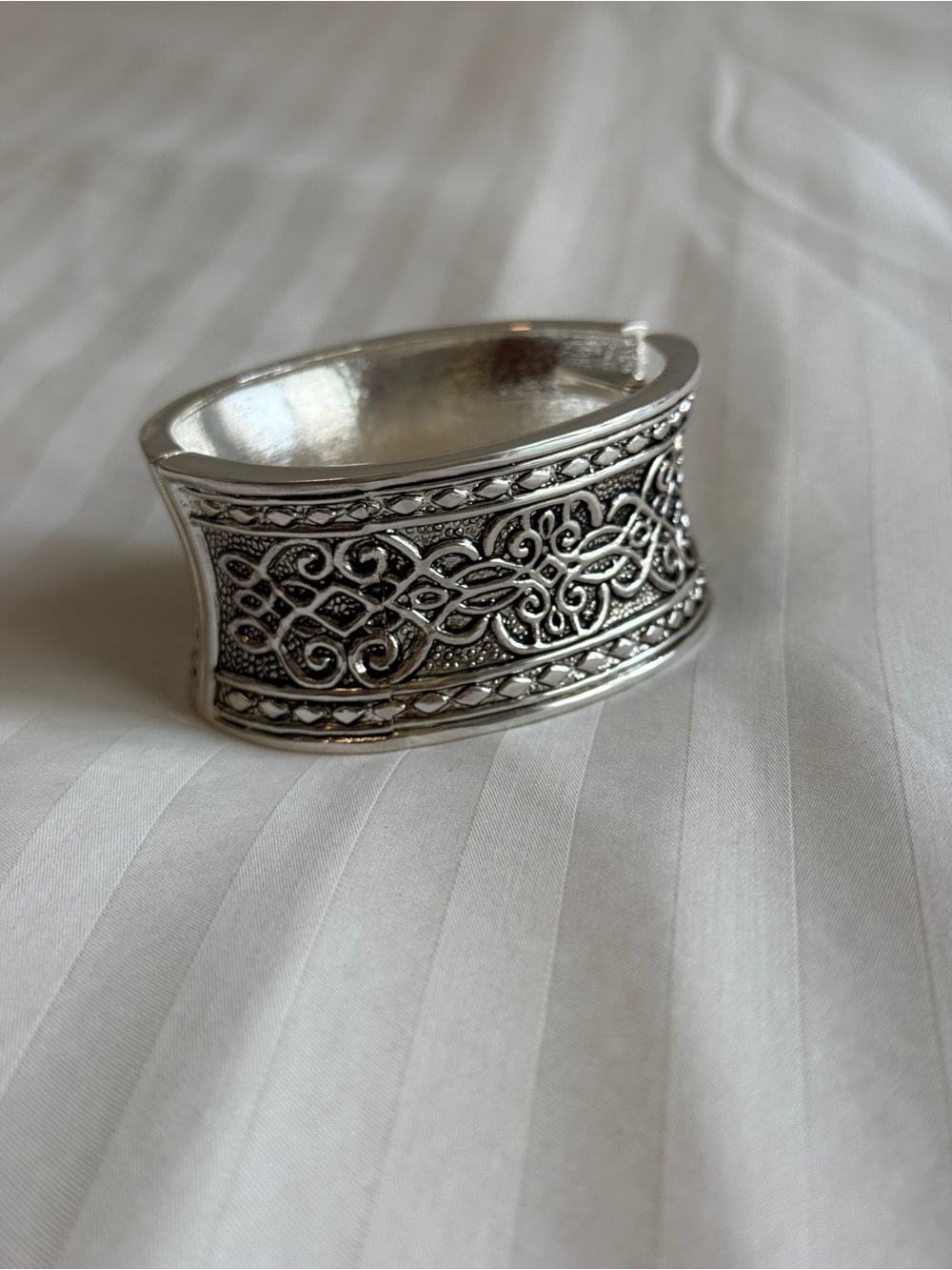 Wide Ornate Silver Cuff Bracelet with Filigree Detailing